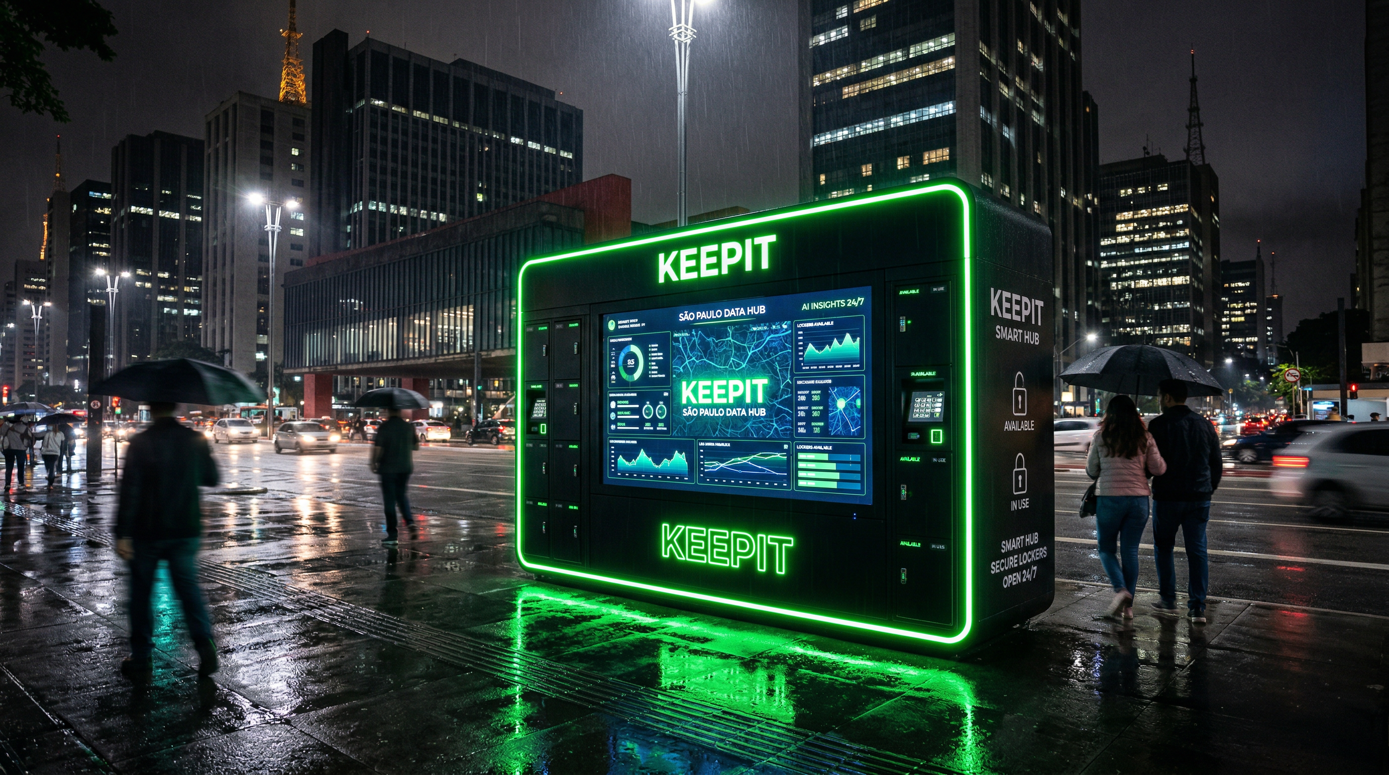 Hub KEEPIT na Avenida Paulista à noite — neon verde, chuva, cyberpunk urbano