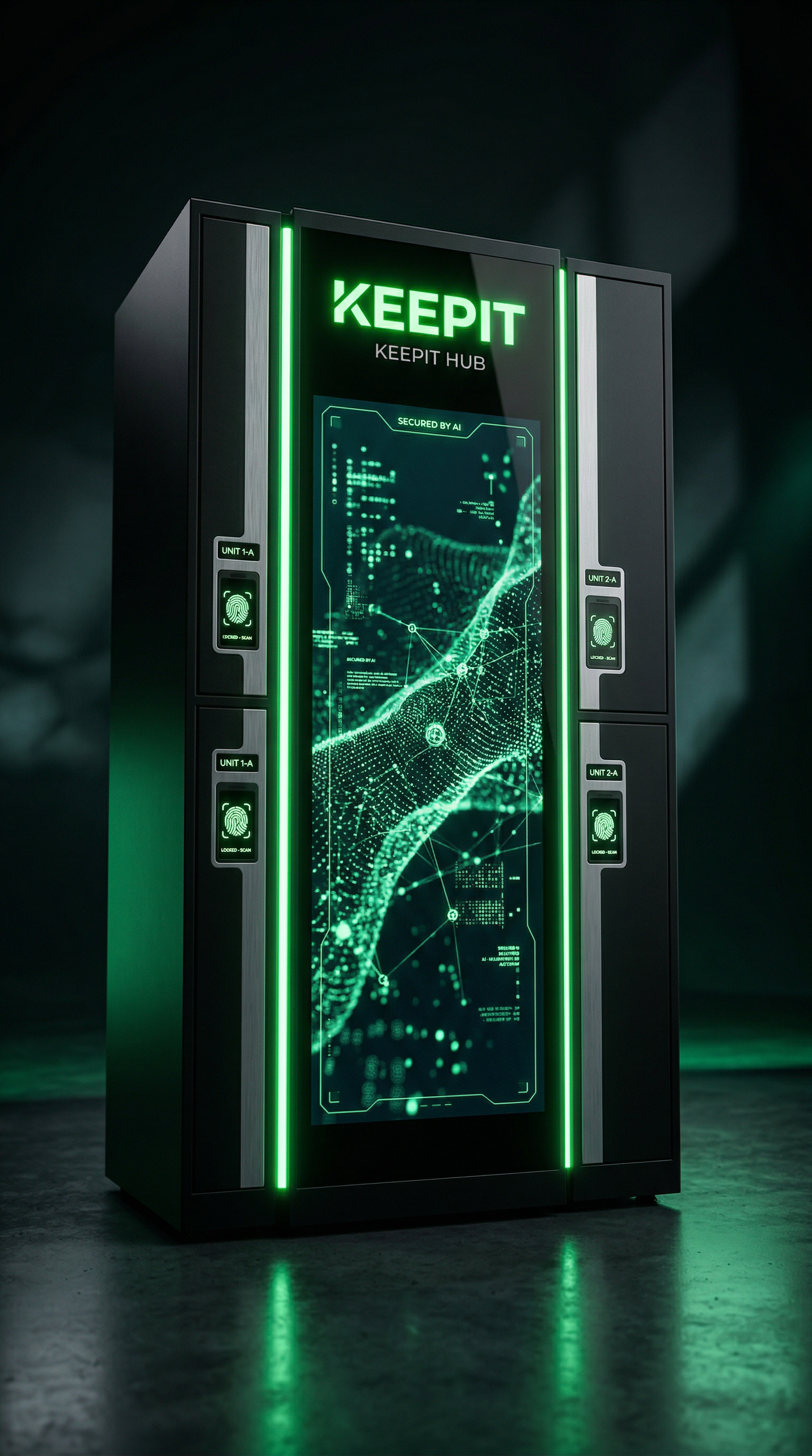 Hub KEEPIT — render de produto, design futurista preto e verde