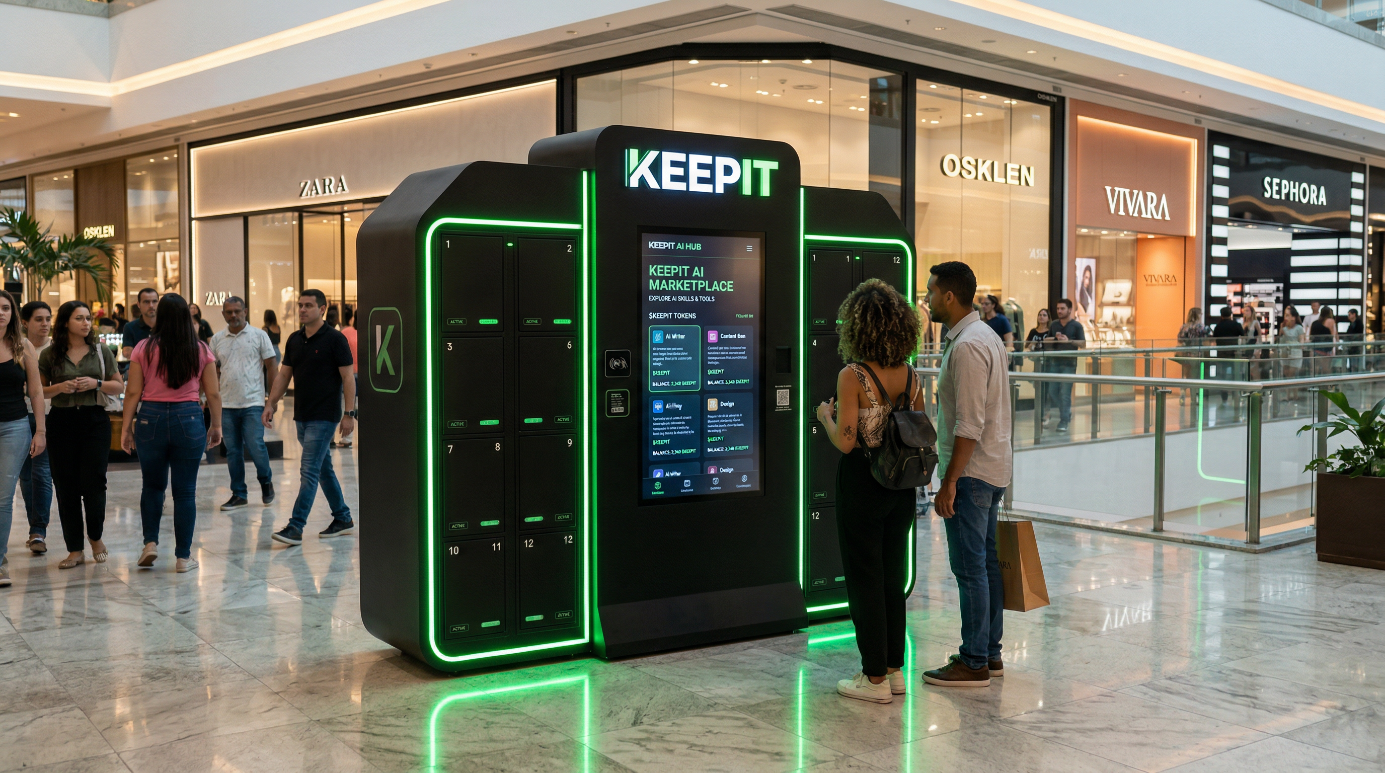 Hub KEEPIT em shopping — pessoas interagindo com a interface de IA